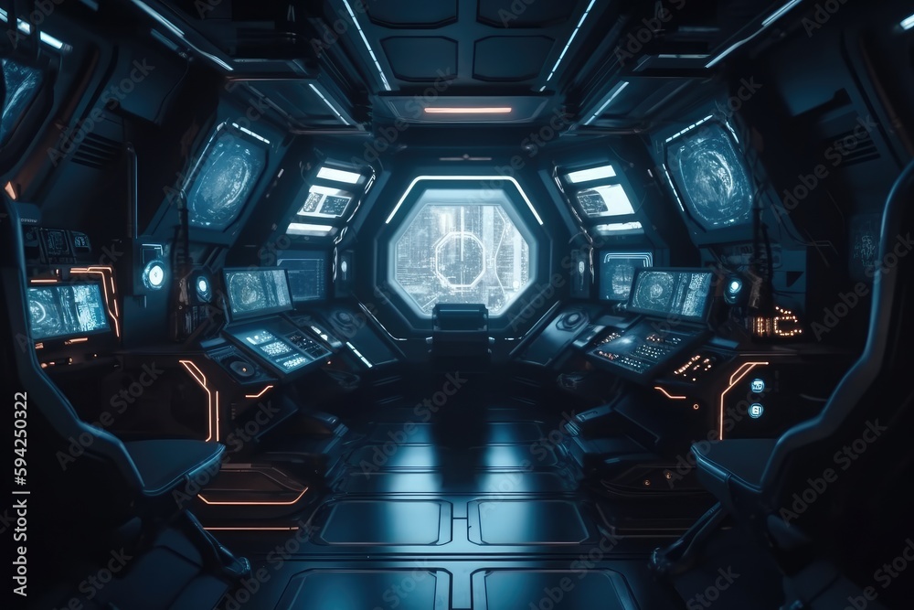 Dark sci-fi spaceship interior with button, monitor and display design ...