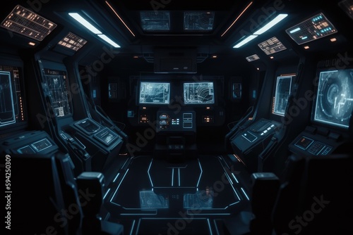 Dark sci-fi spaceship interior with button, monitor and display design. Generative Ai