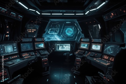 Dark sci-fi spaceship interior with button, monitor and display design. Generative Ai © vassileva_t