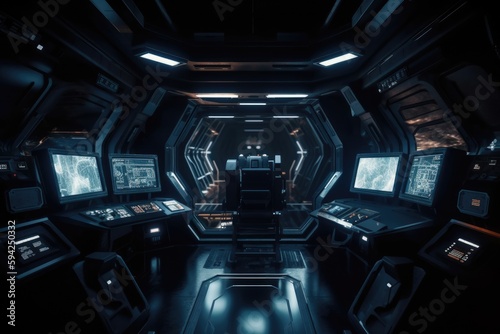 Dark sci-fi spaceship interior with button, monitor and display design. Generative Ai