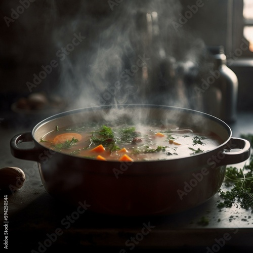 Savor the Flavor: Delicious Vegetable Soup with Fresh Herbs and Spices on a Luxurious Marble Countertop - Perfect for Cozy Evenings! photo