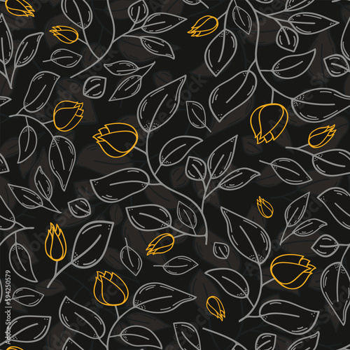 Yellow, black and grey luxurious tulips pattern, dark and moody floral design