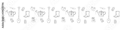 Fototapeta Naklejka Na Ścianę i Meble -  Edging, ribbon, border of outline garden tools. Simple doodle ornament, decorative element, divider on topic of gardening, farming, agriculture