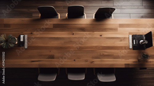 Topview wood table in warmlight meeting room. for text and advertise (AI Generated) photo