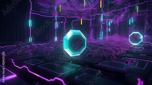 Engaging 3D illustration, blockchain technology, decentralized global network. generative ai
