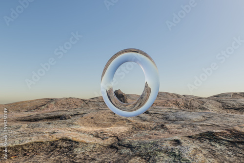 single glas ring hovering in the air in large empty desert environment; abstract surreal concept; 3D Illustration