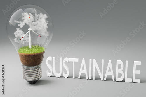 single lightbulb with minature wind turbine inside; green soil and clouds; renewable clean energy concept; 3D Illustration photo