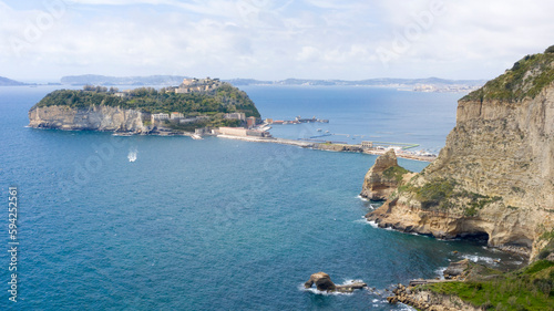 Aerial view of the island of Nisida and Cape Posillipo which are located in Naples, Italy. Nisida is a volcanic islet of the Flegrean Islands archipelago