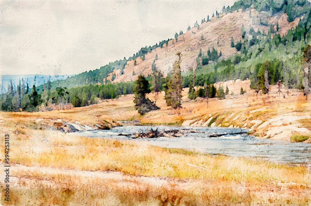 Digitally created watercolor painting of of Firehole River with log jam on the Fairy Falls trail.