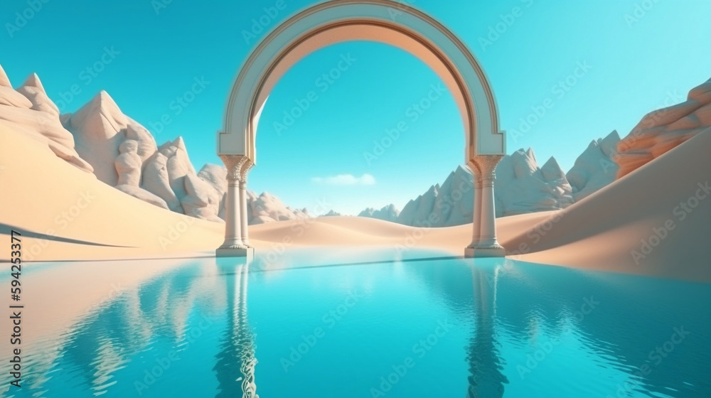 Abstract fantastic background. Desert landscape with sand water and mirror arches under the clear blue sky. Generative AI. - obrazy, fototapety, plakaty 