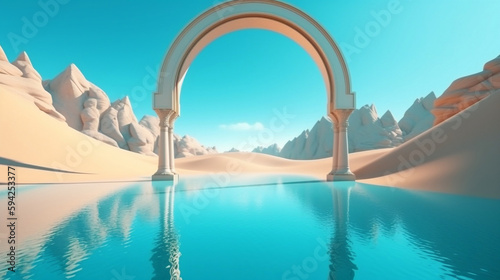 Abstract fantastic background. Desert landscape with sand water and mirror arches under the clear blue sky. Generative AI. © Aiakos
