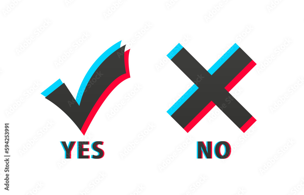 A colored check mark and cross symbolizing a positive and negative response. Concept of response options in questionnaires, websites. Social media elements. Yes, no. Vector illustration - obrazy, fototapety, plakaty 