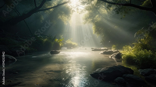 River with sunlight shining through the trees. Generative AI
