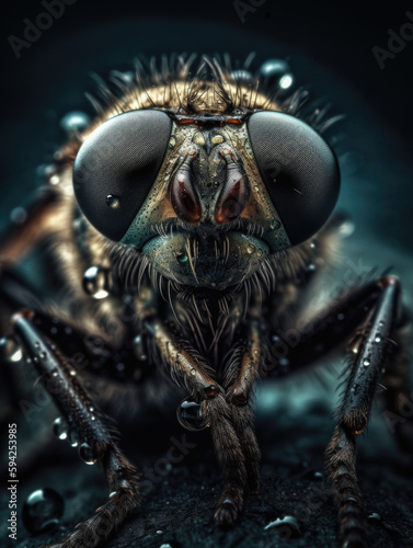 Close up of a fly with water droplets on its eyes. Generative AI © Tamazina