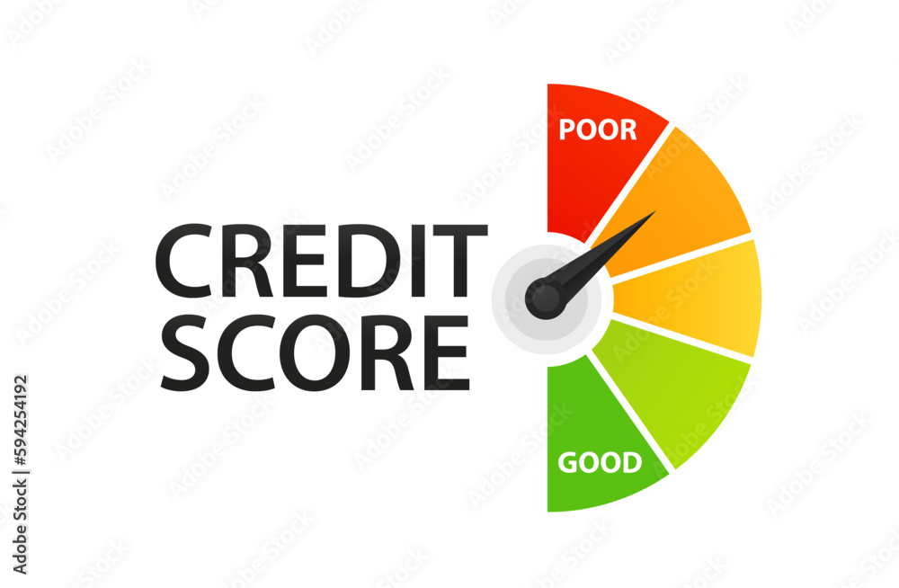 Сredit score scale showing good value. Speedometer with numbers. Colorful assessments of financial history credit score meter. Flat style. Vector illustration Сredit score scale showing good value. Speedometer with numbers. Colorful assessments of financial history credit score meter. Flat style. Vector illustration