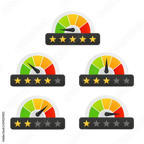 Speedometer, gauge meter icons with stars. Scales, level of performance. Speed dial indicator. Green and red, low and high barometers, dashboard with arrows. Infographic of risk. Vector illustration