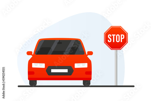 Car stop sign. Stop lot. Car in the Stop. Flat style. Vector illustration