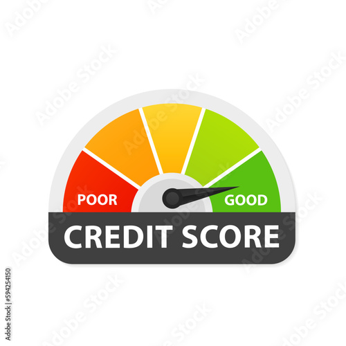 Credit score scale shows good value vector icon. Flat colorful evaluation of financial history credit score meter. Speedometer gauge green good and bad credit score rating. Vector illustration © StudioGraphic
