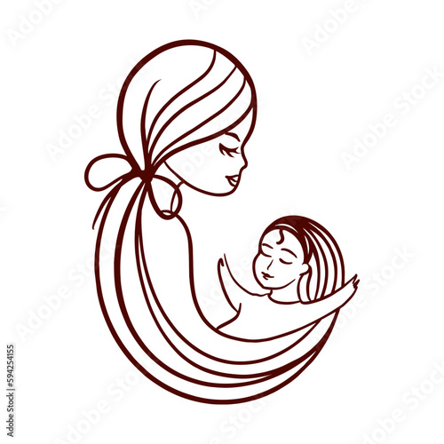 Vector illustration of a mother holding her baby daughter in her arms on on a white isolated background. Happy Mother's Day greeting card.