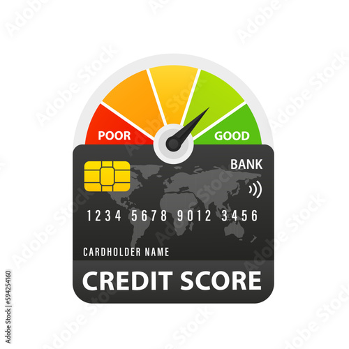 Credit score chart or pie chart with realistic credit card. Flat colorful evaluation of financial history credit score meter. Speedometer sensor green good and bad credit rating. Vector illustration