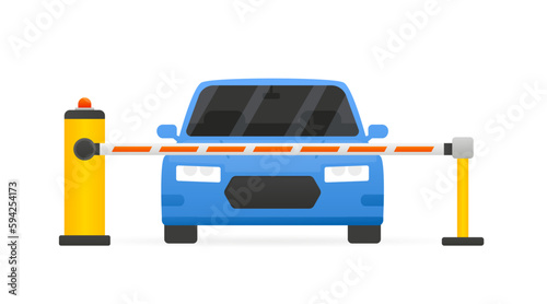 Car parking concept. Parking zone. Car front view. Parking entrance with barrier. The car passes through a restrictive barrier into paid parking lot. Car the parking. Flat style. Vector illustration
