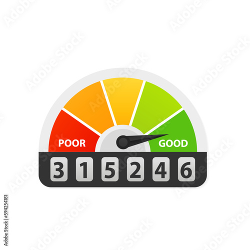 Сredit score scale showing good value. Speedometer with numbers. Colorful assessments of financial history credit score meter. Flat style. Vector illustration