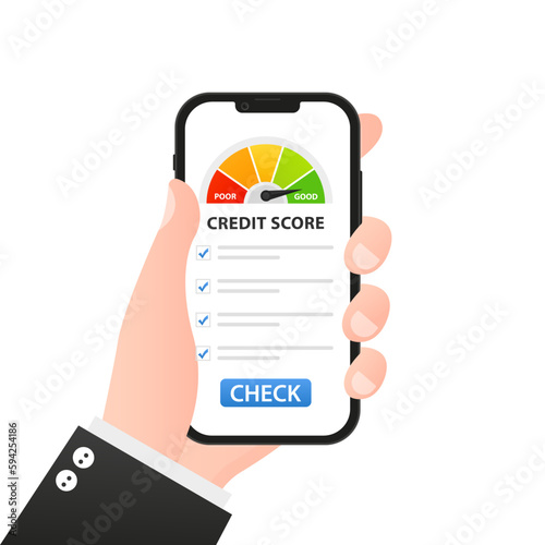 Bad credit score online on smartphone, flat cartoon mobile phone with credit history document, cellphone with financial rating personal data. Flat style. Vector illustration