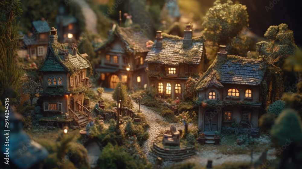 Fototapeta premium Miniature village in the woods. Generative AI