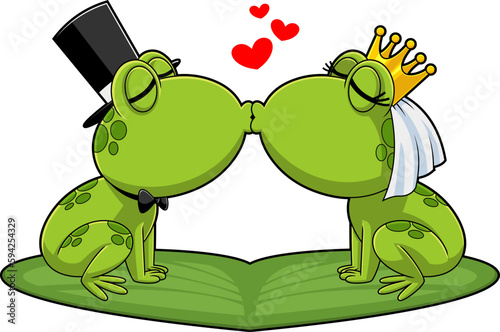 Cute Frogs Cartoon Characters Newlyweds Kissing. Vector Hand Drawn Illustration Isolated On Transparent Background