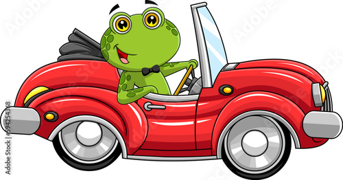 Cute Green Frog Cartoon Character Drives A Red Sports Car. Vector Hand Drawn Illustration Isolated On Transparent Background