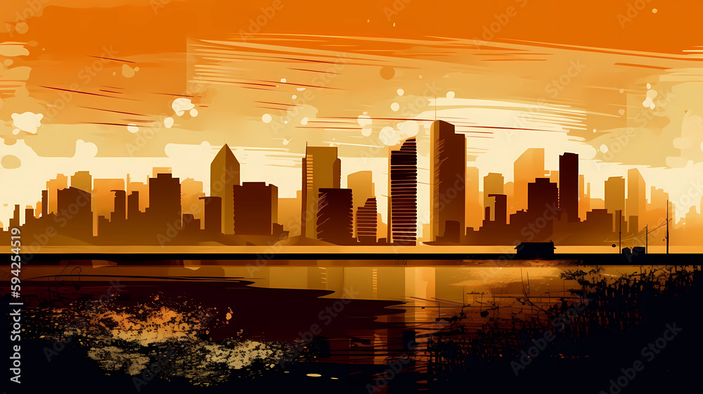 urban city illustration at sunset. lots of building city illustration. generative ai