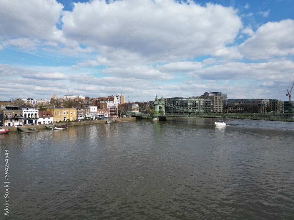 
Hammersmith suspension bridge West London UK drone aerial view

