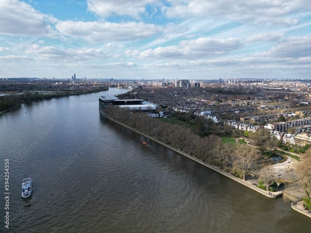 Craven cottage football ground Fulham London UK drone aerial view