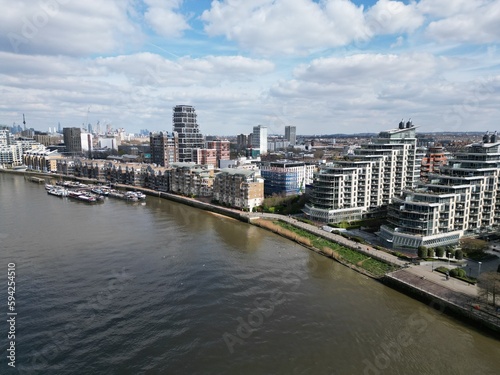 Luxury waterfront apartments on River Thames Battersea  London UK  drone aerial view