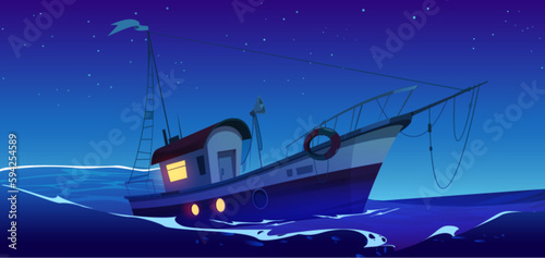 Fishing boat in sea or ocean at night. Fisherman ship, trawler on water waves. Night seascape with marine vessel and starry sky, vector cartoon illustration