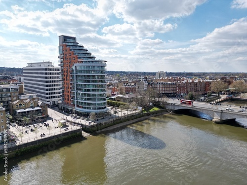 Putney Bridge London UK drone aerial luxury riverside apartment overlooking bridge