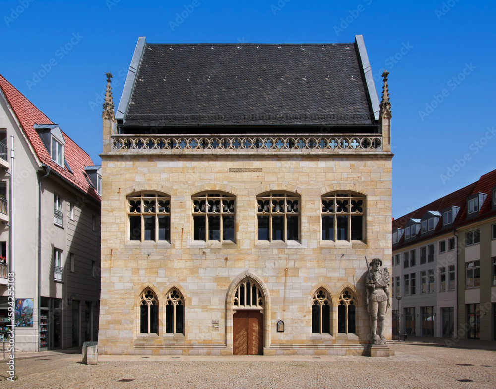 Gothic town hall facade in the old city of Halberstadt in Germany