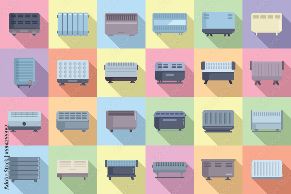 Convector icons set flat vector. Radiator bars. Central climate Convector icons set flat vector. Radiator bars. Central climate