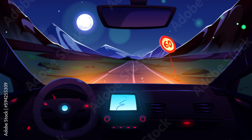 Car driving mountain road at night. Vector cartoon illustration of dashboard inside auto, steering wheel and map navigation display on panel. Rocky landscape under dark sky with full moon and stars