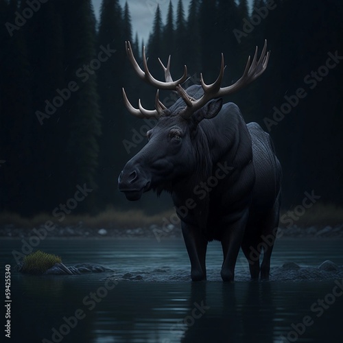 A black moose standing in a lake. Created using generative AI.