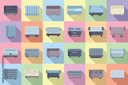 Convector icons set flat vector. Radiator bars. Central climate