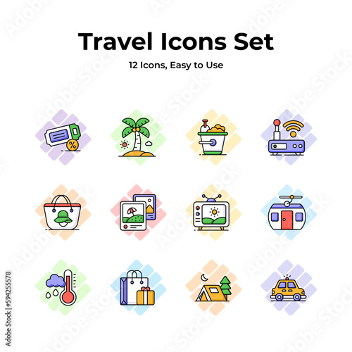 An essential travel icons collection with a island, beach bag, and cable car, indicating wanderlust, mobility, and adventure