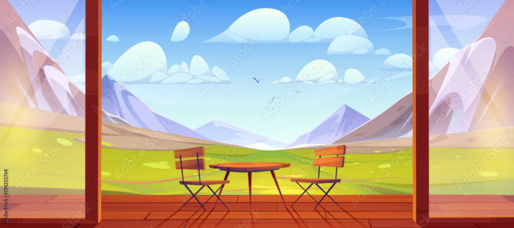 Wooden patio with Alpine mountain view. Vector cartoon illustration of chalet porch with table, chairs and glass door, rocky landscape and green valley under blue sunny sky. Travel and recreation