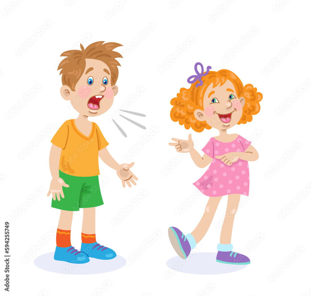 Children are talking. Cheerful girl and angry boy. In cartoon style. Isolated on white background. Vector illustration.