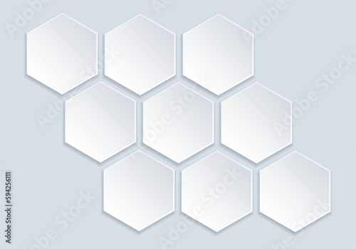 Set of white hexagons on gray background. Infographic  templates design. 9 Empty honeycombs with place for images. Vector realistic. Futuristic monochrome Mockup. EPS10. 