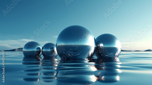 Minimal Abstract futuristic background  panoramic landscape  fantastic scenery with glossy chrome balls and silver sphere inside the calm water  under the blue gradient sky. Generative AI.