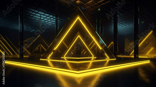 Abstract geometric background with yellow neon triangular frame, metallic polygonal, wall with faceted texture and liquid stage floor with reflection.