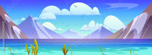 Sea sky with mountain view cartoon illustration. Empty vector lake nature scene landscape background. Calm northern nautical banner for game level backdrop. Peaceful rock marine horizon template