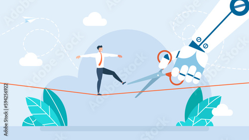 Competition of people and robots for jobs. New technologies robot replaces life human.
Business risk. Robot cut a rope with scissors want businessman to fall down. Flat style. Vector illustration