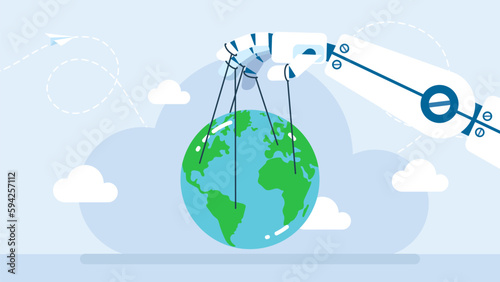 Artificial Intelligence controls systems of the world. Robot hand manipulating Earth. Robot puppet master controlling the world. The impact of technology development on humanity. Vector illustration